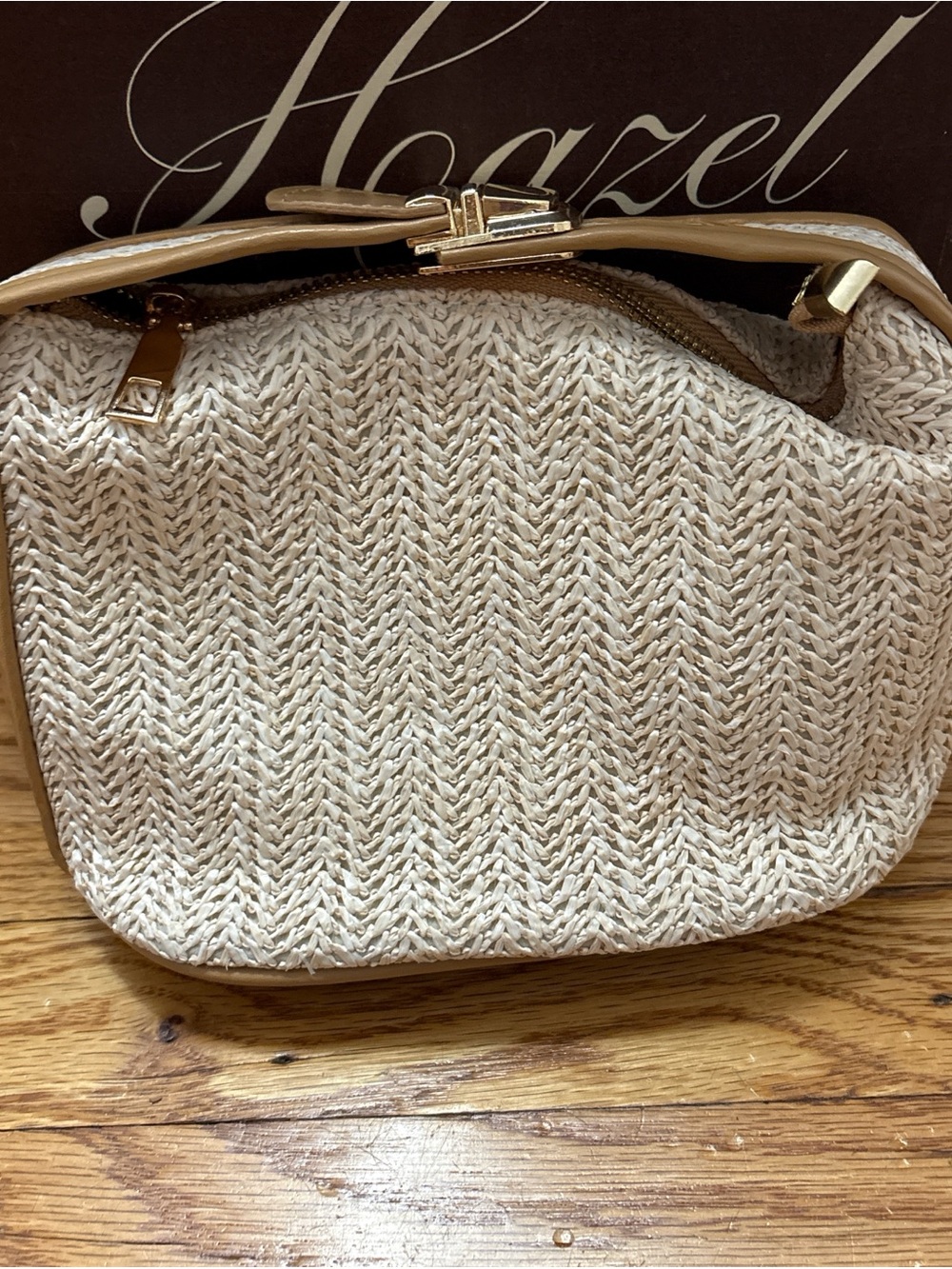 Cream Woven Frame Clutch with Gold-Tone Hardware